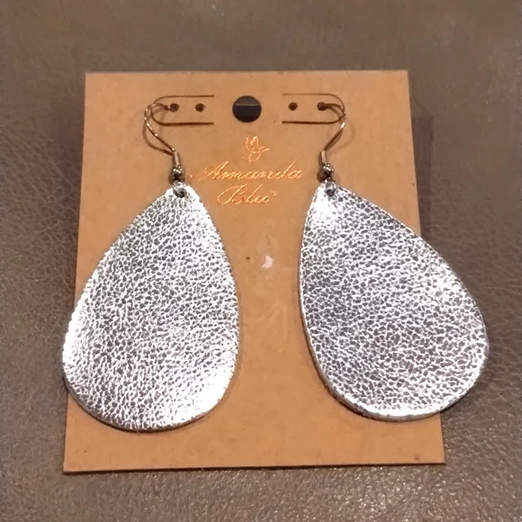 Silver Teardrop Dangle Earrings- Leather - Amanda Blue - Picture 1 of 8
